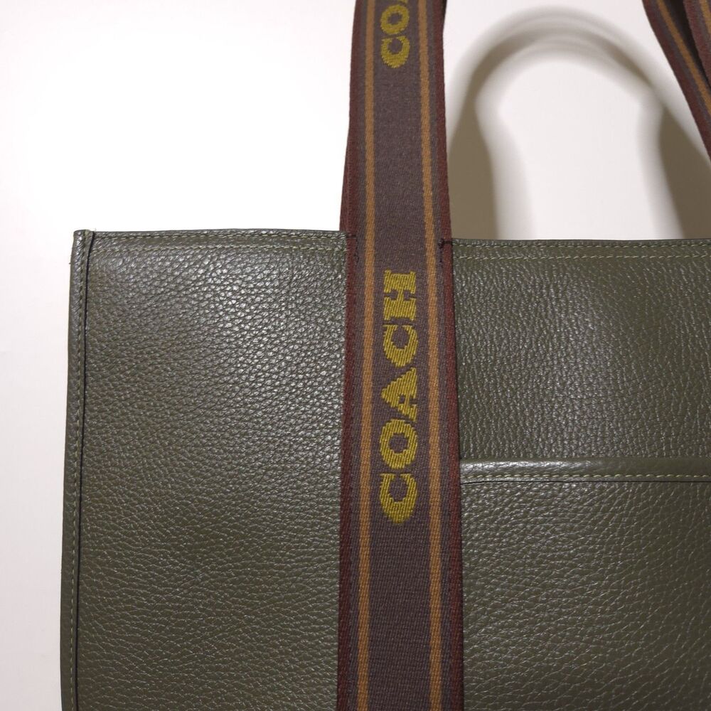Coach Olive Pebbled Leather Smith Tote Bag Large Logo Strap Womens - Picture 4 of 16